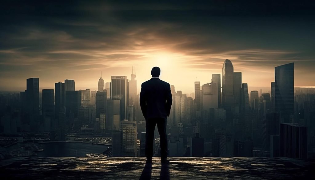 Business owner looking out over a city skyline at sunrise